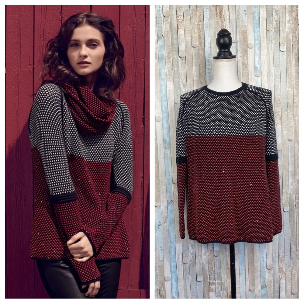 Lisa Todd L Red Colorblock Sequined Cotton Cashmere Knit Pullover Sweater‎
